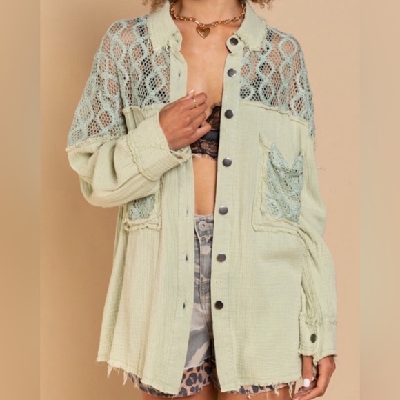 POL Tops - POL Matcha Green Crochet Lightweight Double Gauze Layering Button Down Shirt Top